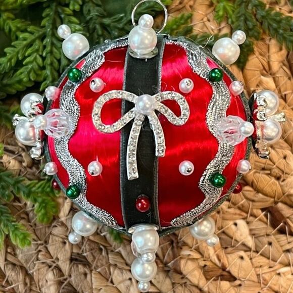 Beaded Push Pin Satin Thread Ball Christmas Ornament Mid Century Vintage Style - Picture 1 of 8